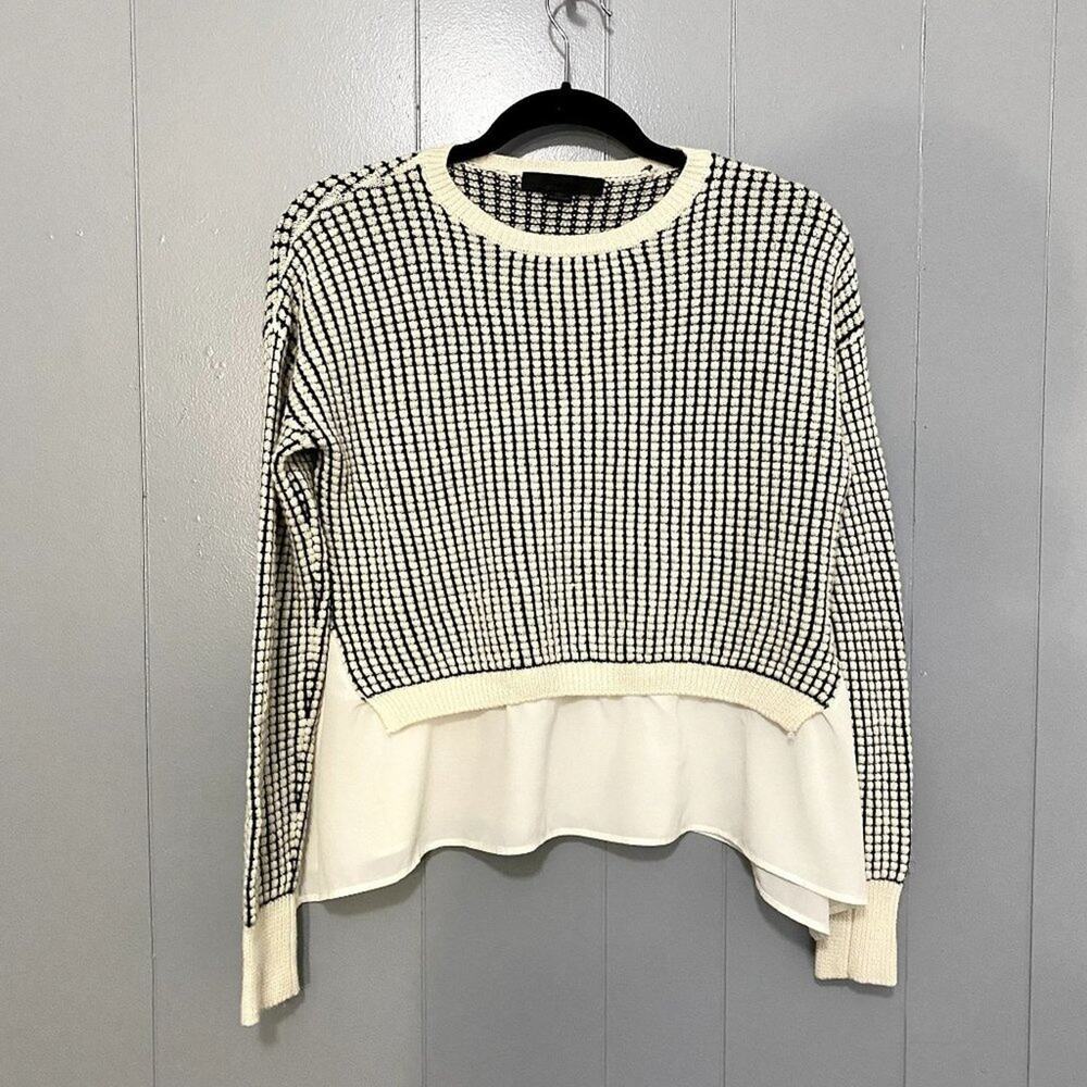 Alexander Wang Black White Crewneck Waffle Knit Layered Ruffle Sweater S